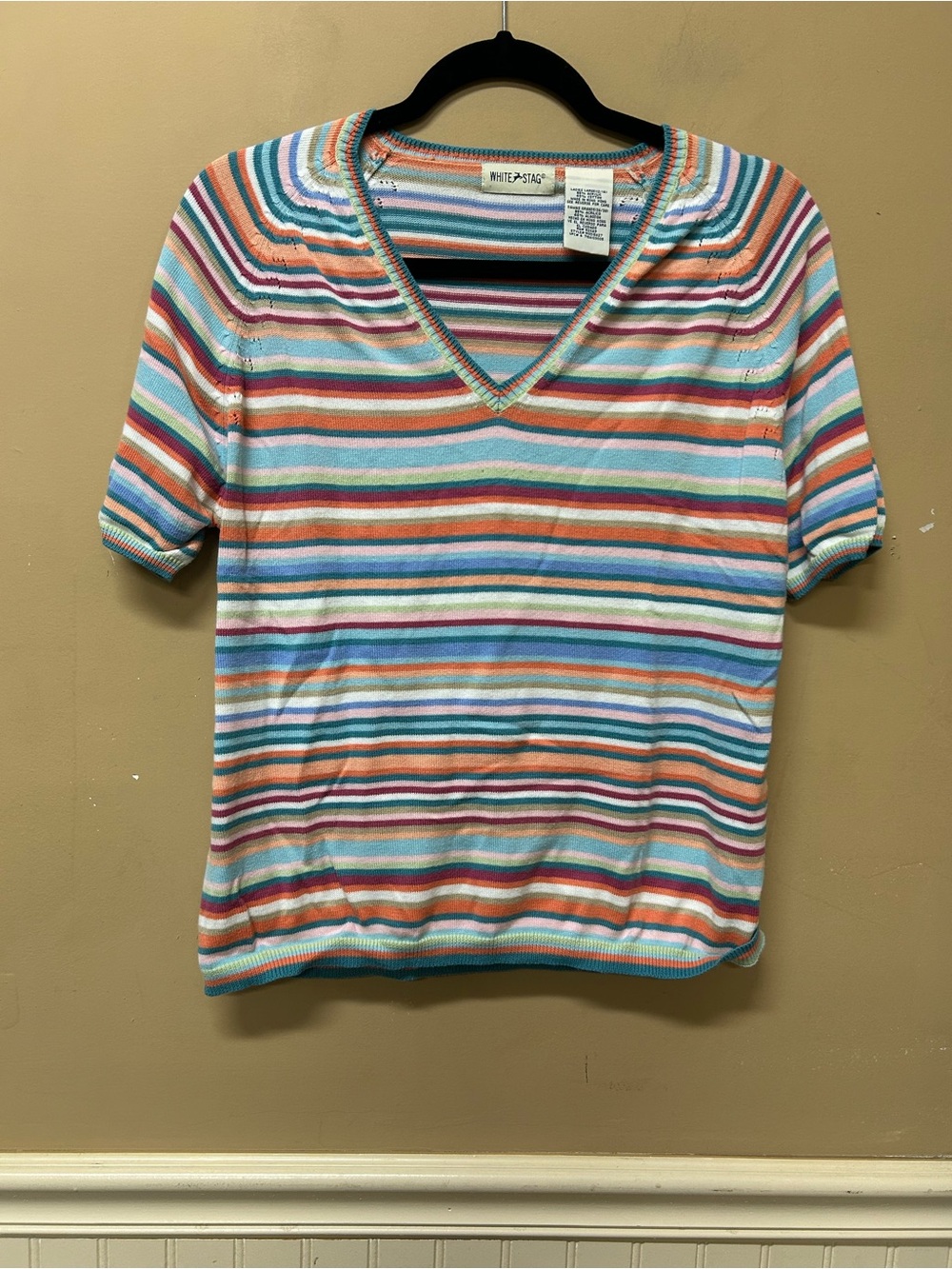 White Stag Multi-Color Striped Short Sleeved Sweater Size Ladies L (12/14) VTG